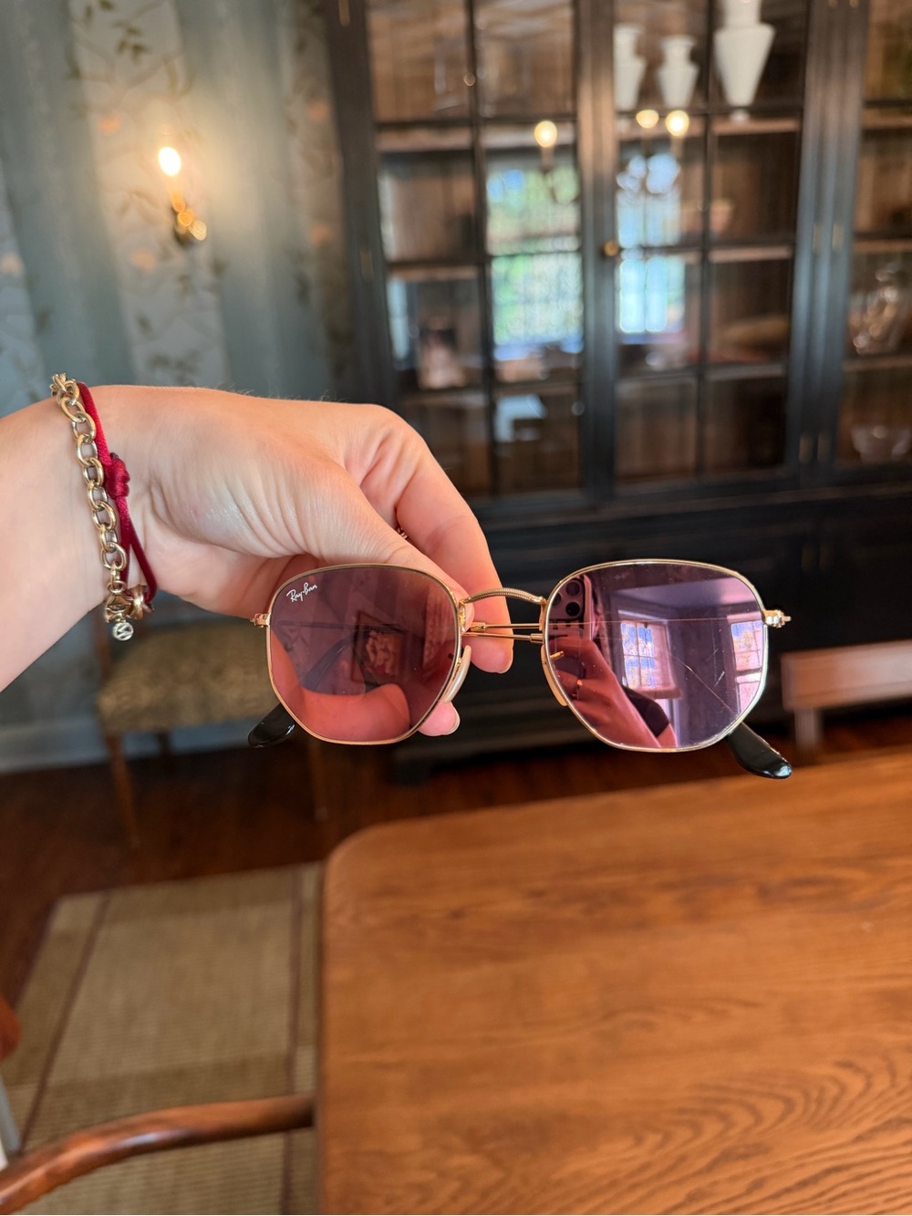 Ray-Ban Pink Hexagonal Flat Lens Sunglasses with Gold Metal Frame - Picture 5 of 6